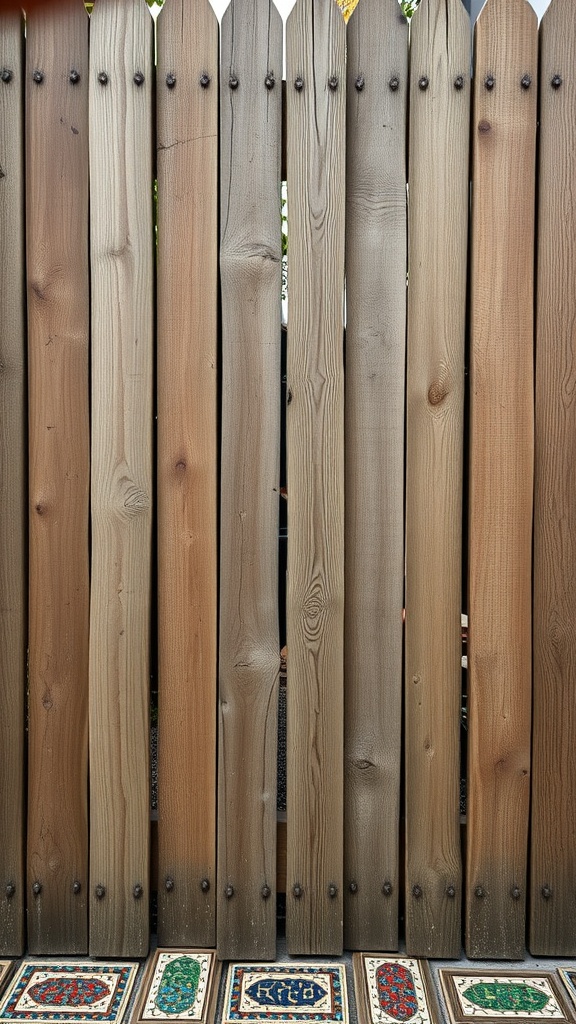 Wooden fence with colorful mosaic tiles at the base