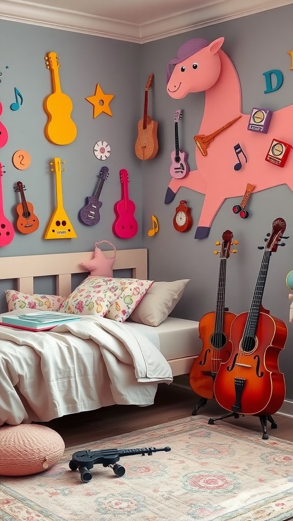 A colorful and playful bedroom featuring musical instruments on the walls, including guitars and a whimsical horse design.