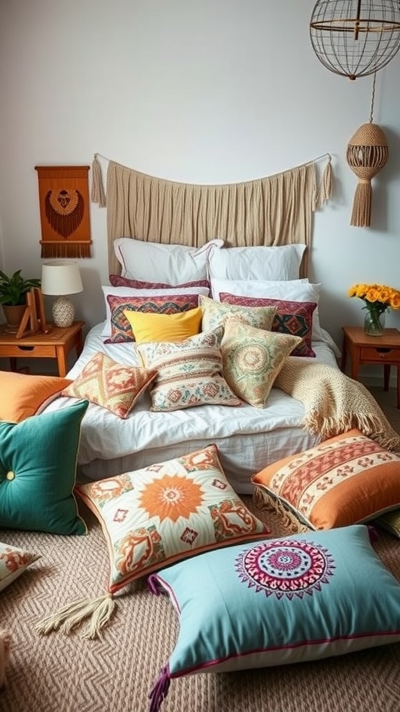 A boho-style bedroom with colorful pillows and cushions on the bed and floor.