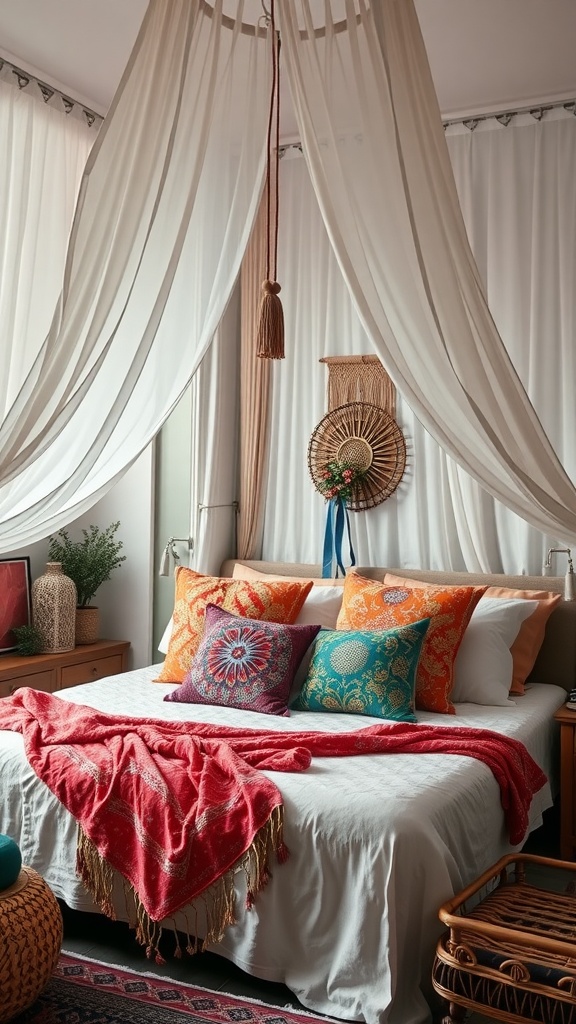A cozy boho bedroom featuring a canopy bed adorned with colorful decorative pillows, a red throw, and natural decor.