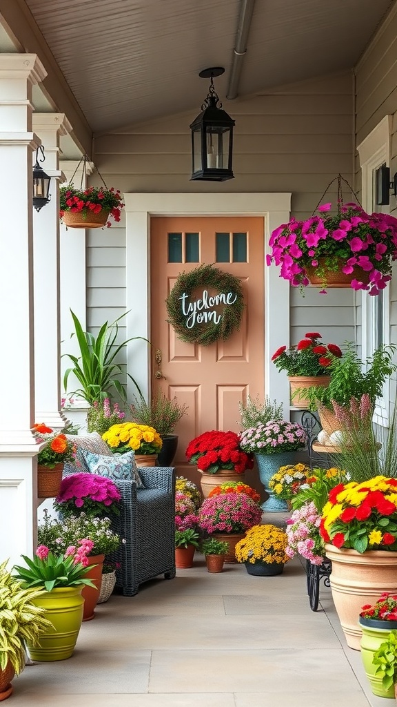 A cozy farmhouse porch with colorful potted plants and floral arrangements, featuring a welcoming door.