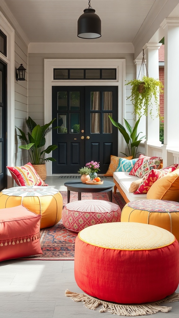 A colorful boho back porch featuring poufs, plants, and a cozy seating area.