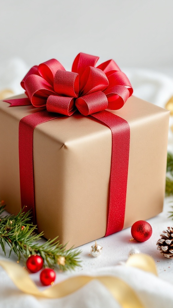 A beautifully wrapped gift in kraft paper with a red ribbon and bow, surrounded by holiday decorations.