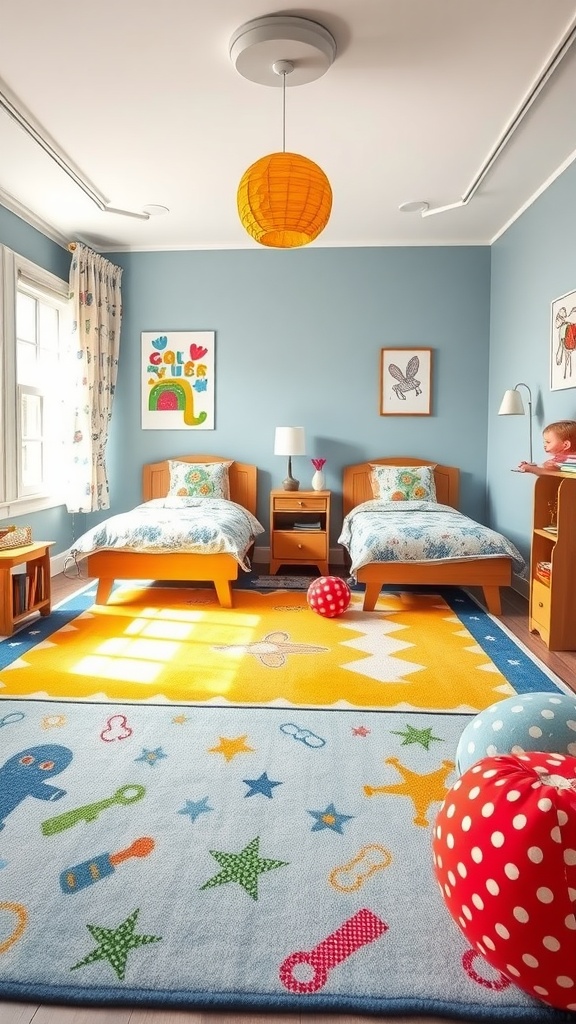 A bright and cheerful Twin Boys Bedroom featuring colorful rugs defining play areas.