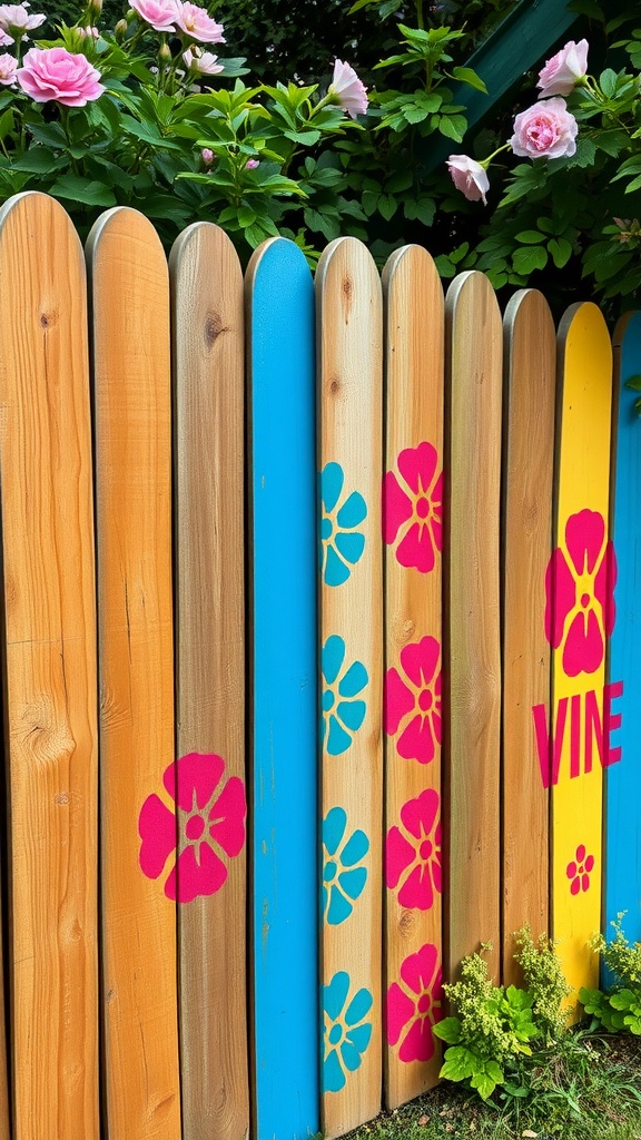 Colorful wooden fence with stenciled flowers and the word 'VINE'