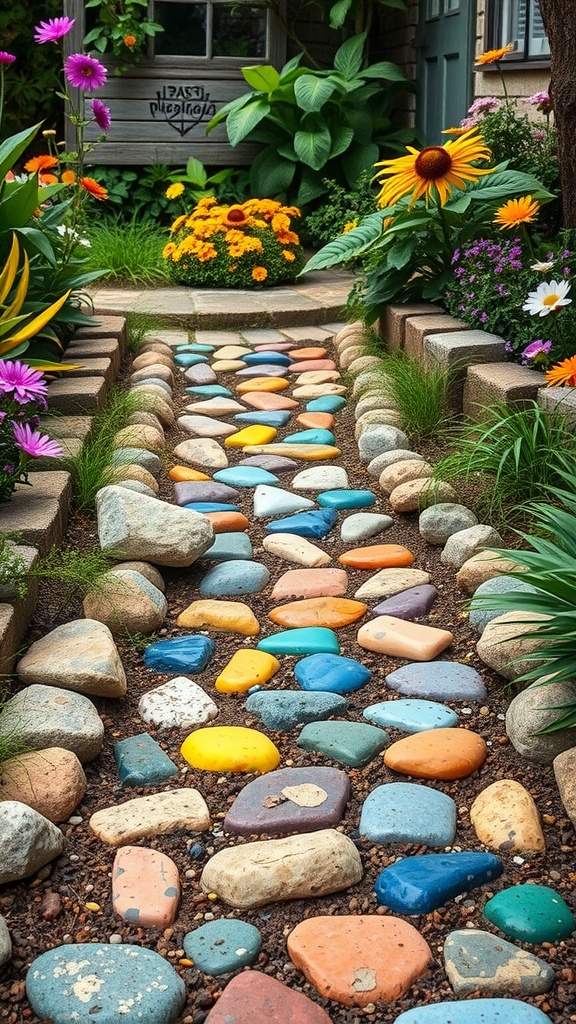 A colorful stone pathway surrounded by vibrant flowers and greenery.