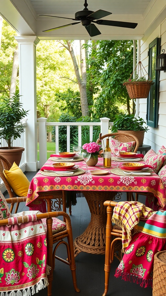 A colorful outdoor dining setup on a back porch with a pink tablecloth, wicker chairs, and floral arrangements.