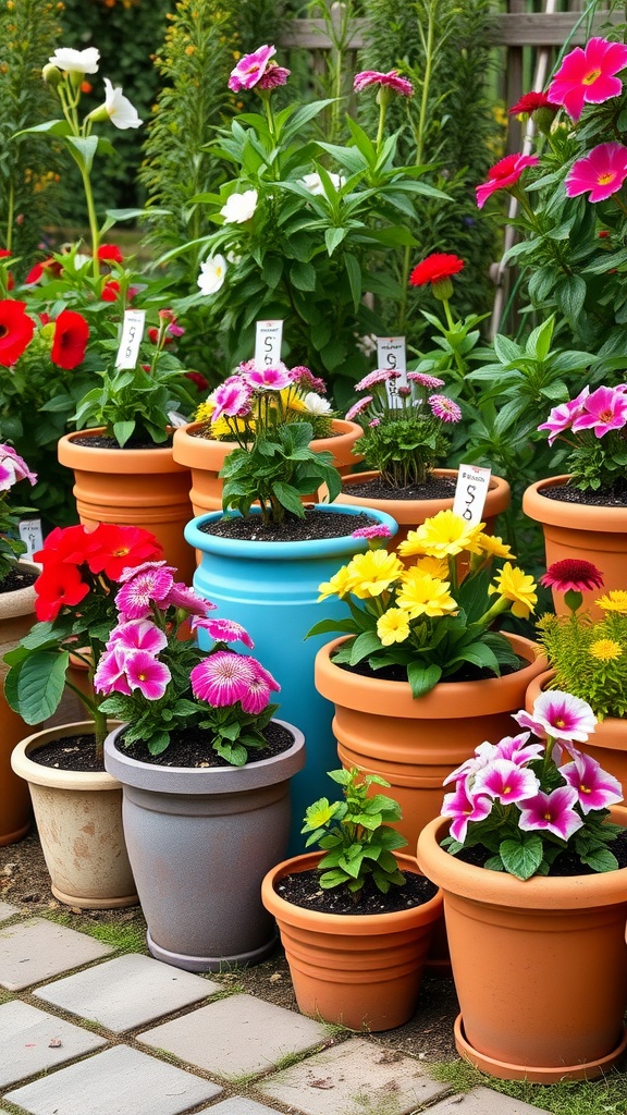 Colorful terracotta pots filled with blooming flowers in a garden