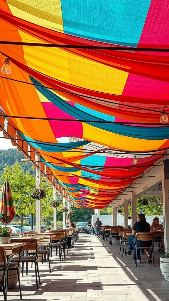 Colorful textile canopies creating a vibrant atmosphere over a patio with tables and chairs.