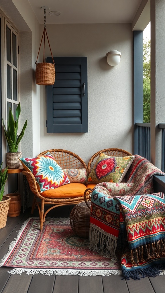 Cozy balcony setup with colorful cushions and textiles
