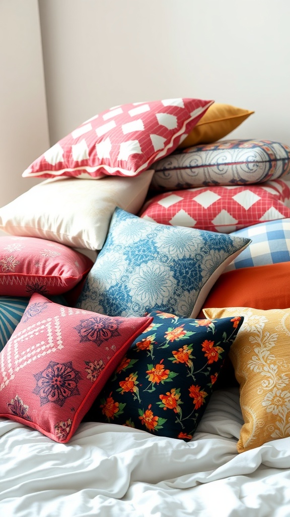 A pile of colorful throw pillows with various patterns and textures