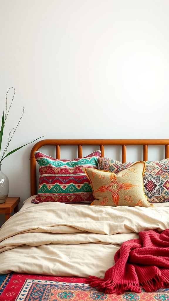Colorful throw pillows on a bed with a wooden headboard and a cozy blanket