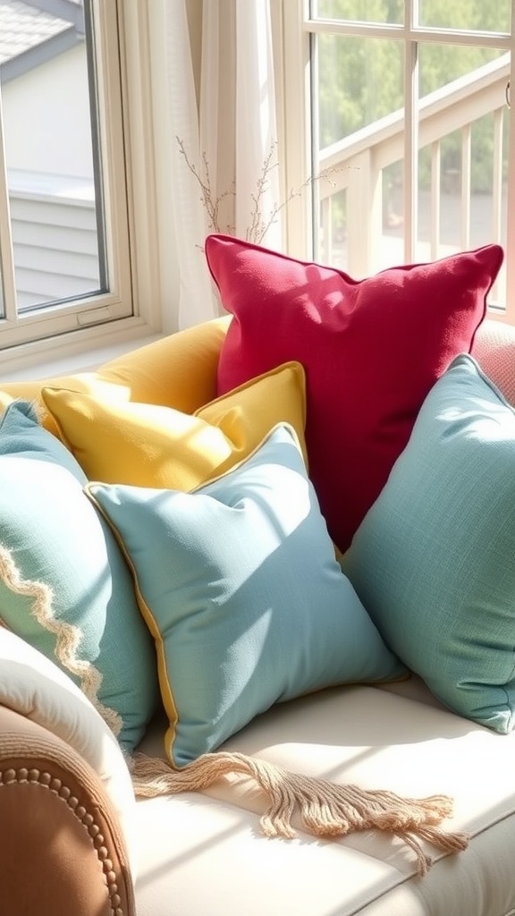 A cozy seating area with colorful throw pillows in red, yellow, and blue, creating a vibrant atmosphere.