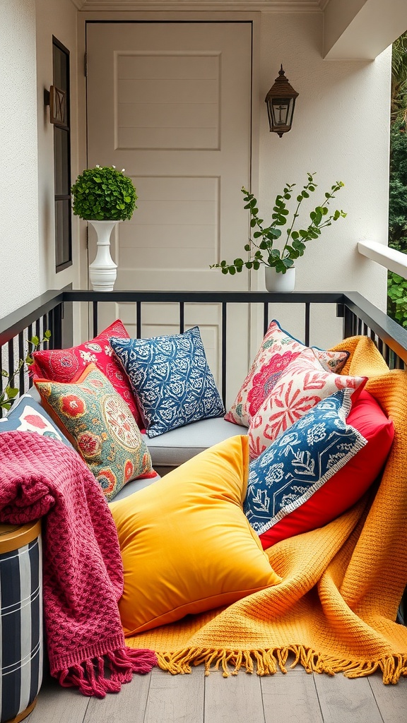 A cozy balcony with colorful pillows and throws