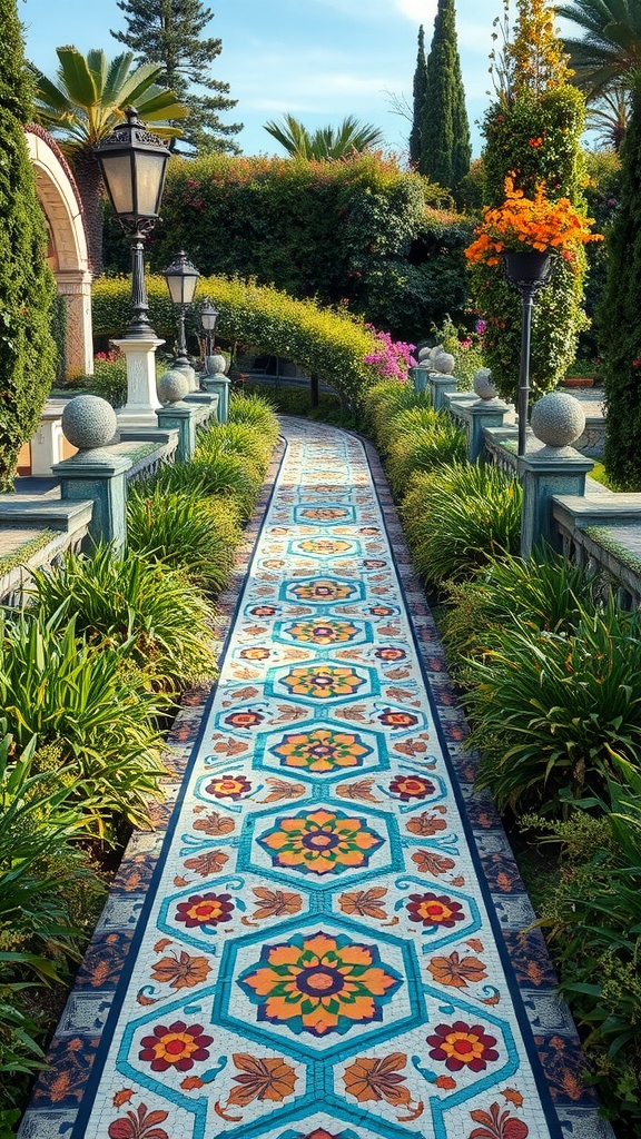 Colorful tile mosaic pathway surrounded by lush greenery and flowers in a garden setting.