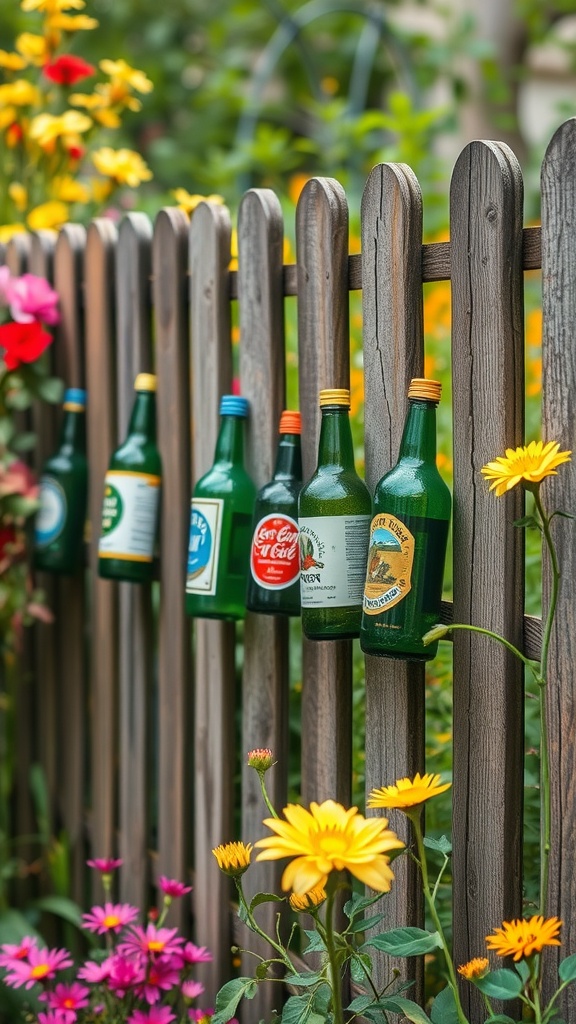 A wooden fence decorated with colorful glass bottles and surrounded by vibrant flowers.