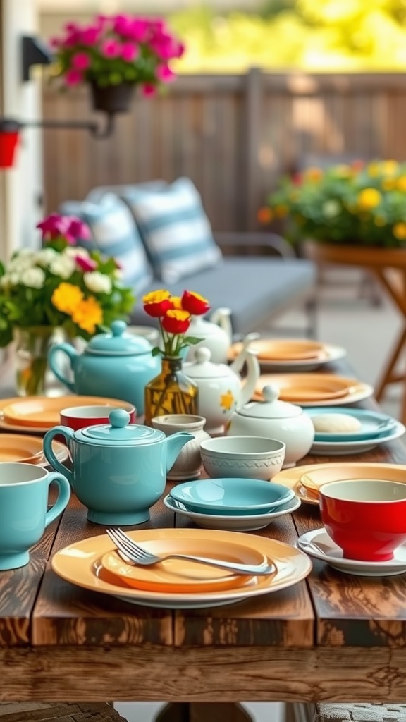 Colorful vintage tableware set on a rustic wooden table, surrounded by flowers and patio furniture.
