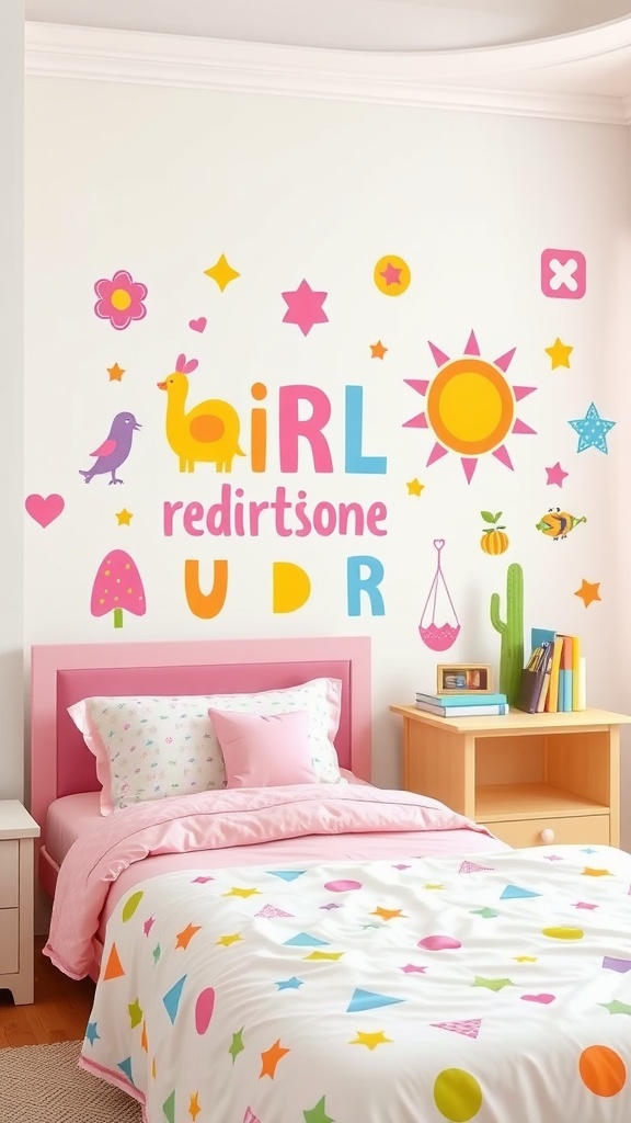 A colorful wall with playful decals including letters, stars, and cute illustrations in a girl's bedroom.