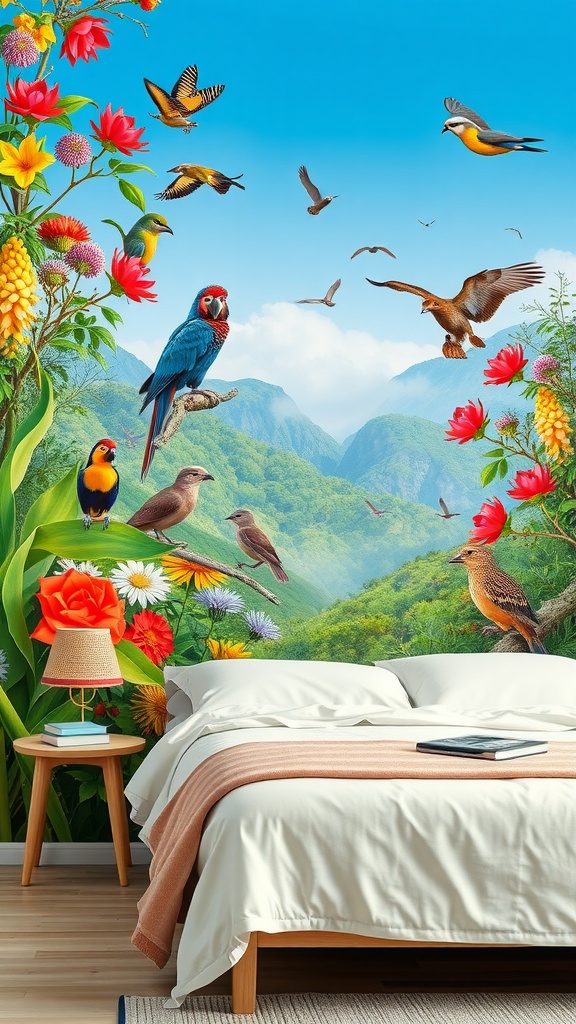 A vibrant jungle-themed wall mural featuring colorful birds and lush greenery in a bedroom setting.
