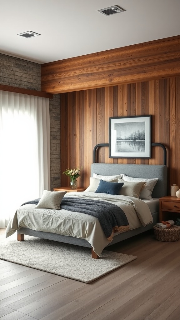 A modern rustic farmhouse basement bedroom featuring a wooden wall, soft bedding, and natural light.