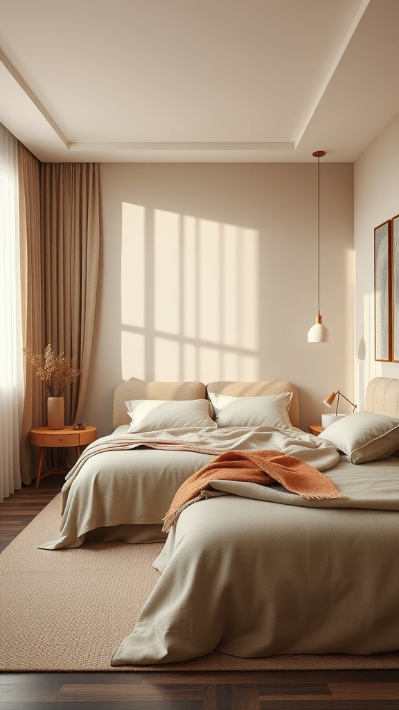 A cozy beige bedroom featuring soft bedding, natural wood furniture, and warm decorative accents.
