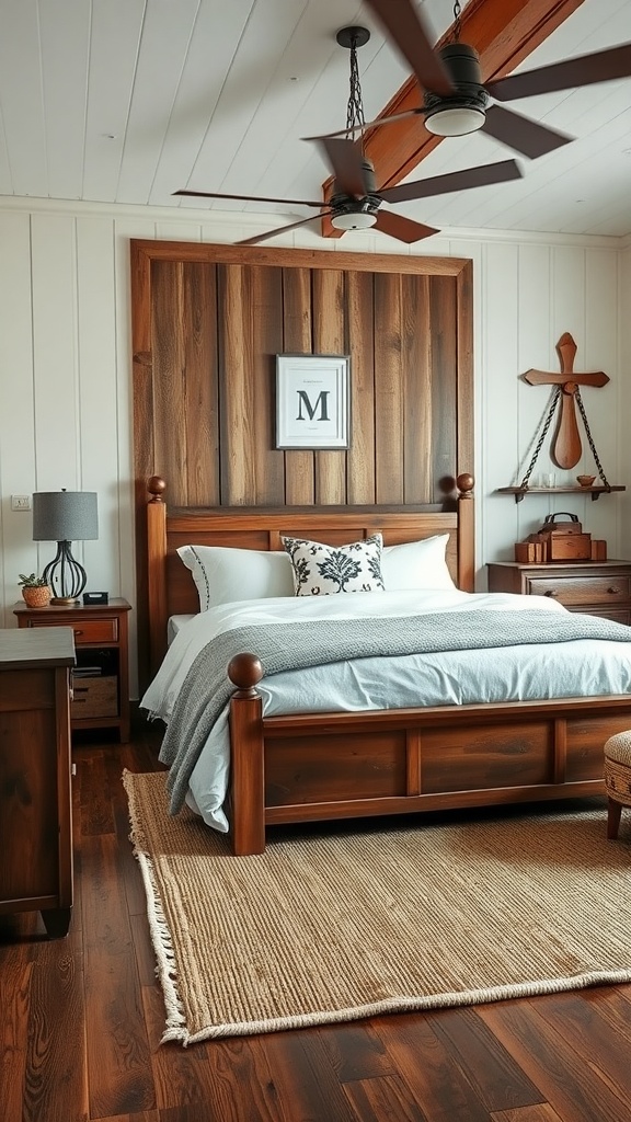 A cozy farmhouse glam bedroom featuring a wooden bed, decorative wall, and modern textiles.