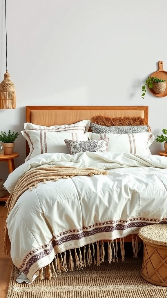 A cozy boho style bedroom featuring soft bedding with fringes, layered pillows, and a knitted throw.