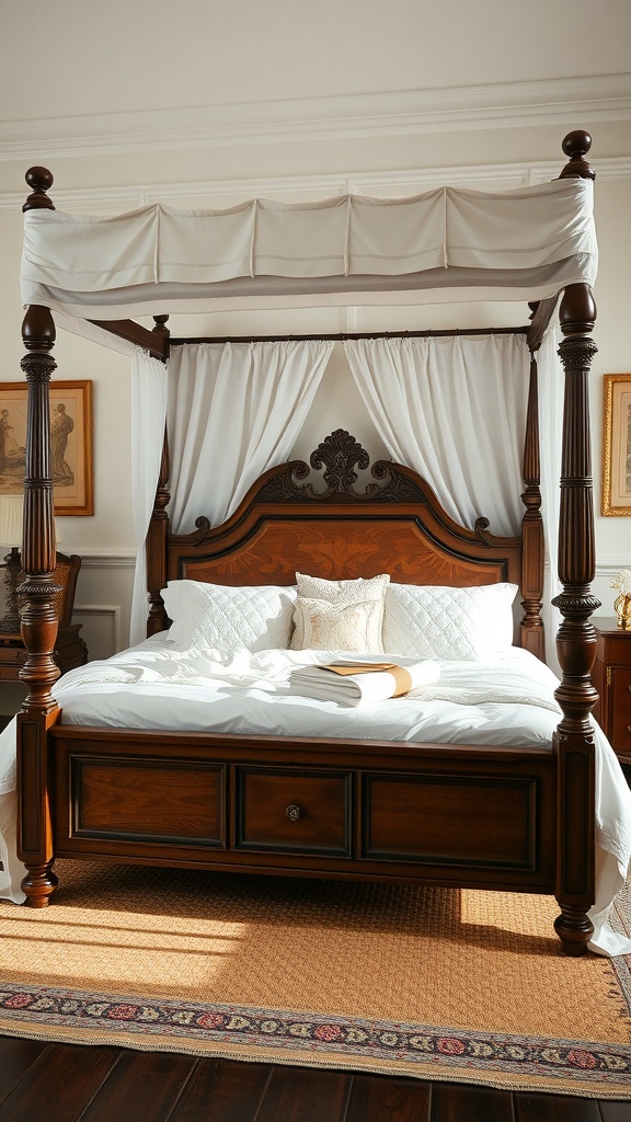 A cozy boho bedroom featuring a canopy bed with soft white bedding and elegant curtains.