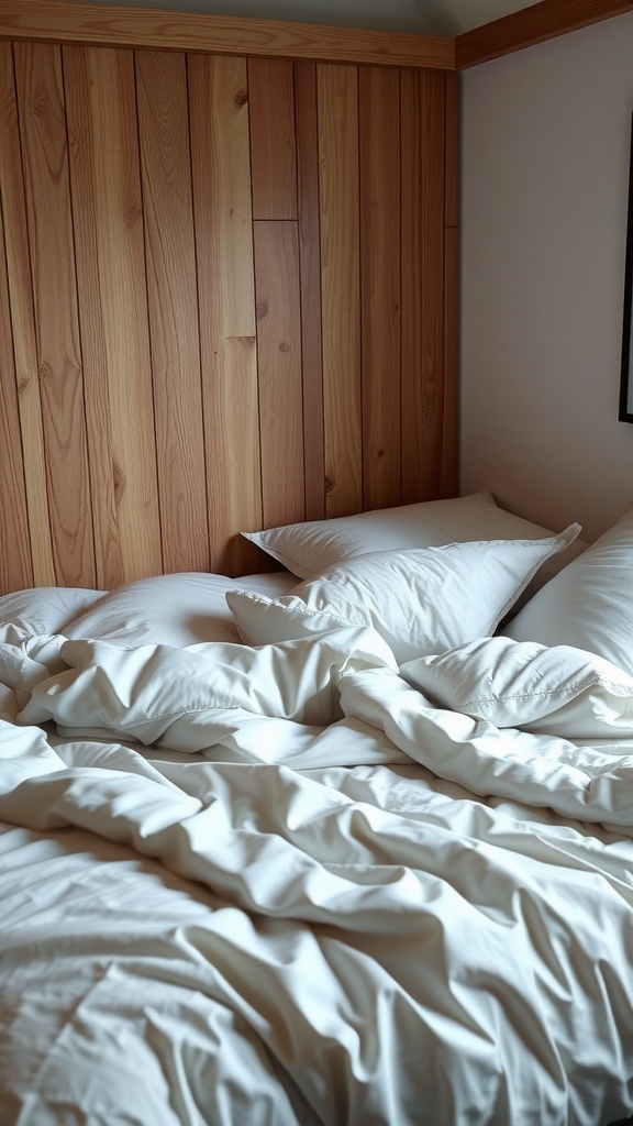 Soft white bedding with crumpled texture and layered pillows against a wooden wall.
