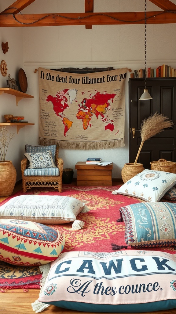 A cozy boho eclectic bedroom featuring floor cushions on a vibrant rug, with a world map tapestry on the wall.