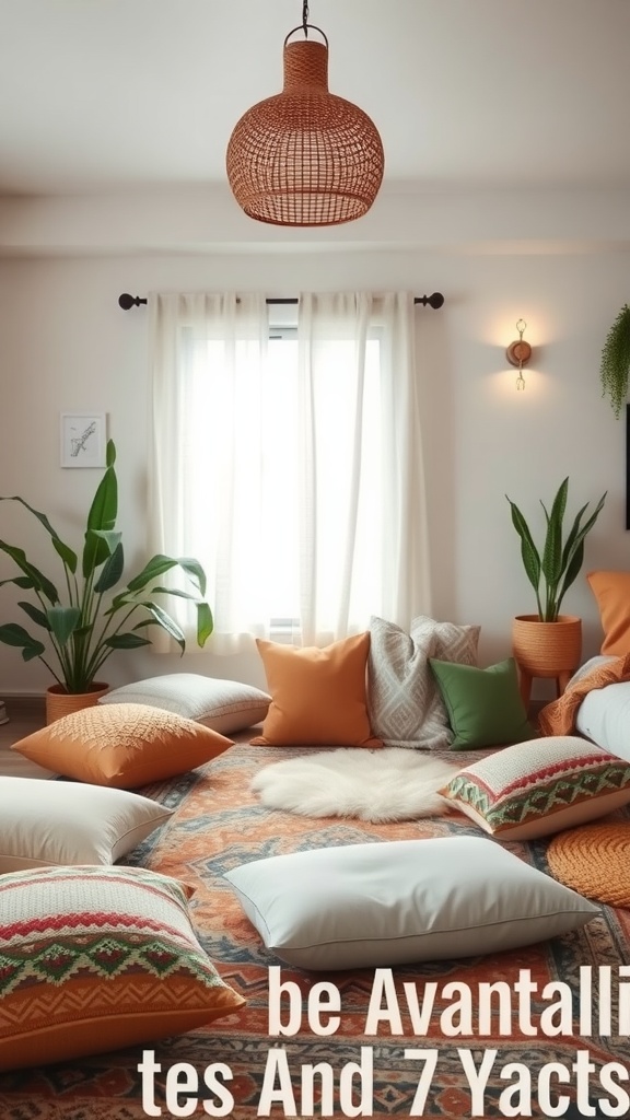 A cozy bohemian style room featuring colorful floor cushions, a soft area rug, and plants, creating a comfortable seating area.