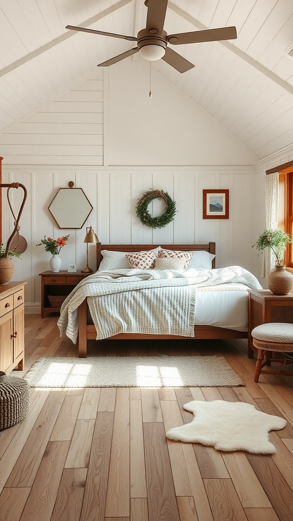 A cozy farmhouse glam bedroom with wooden flooring, soft rugs, and warm lighting.