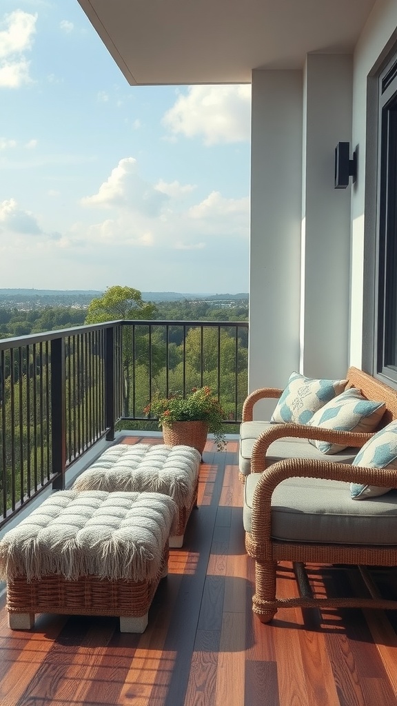 A cozy farmhouse balcony with comfortable seating and footrests, overlooking a green landscape.