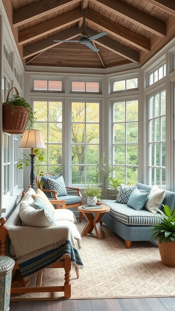 A cozy sunroom with layered seating, featuring plush cushions, a wooden table, and plenty of natural light.
