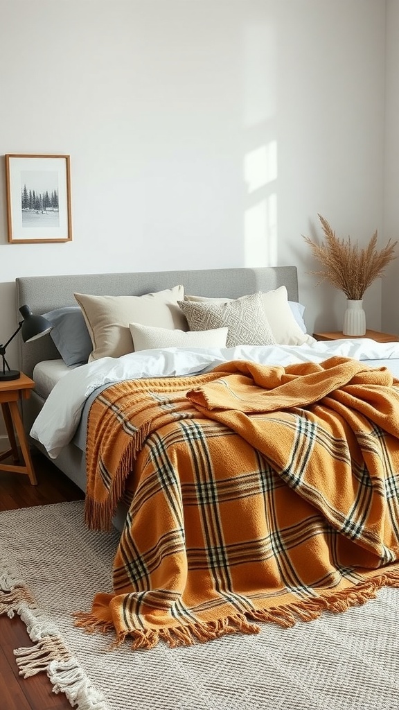 A cozy bedroom featuring a layered bed with mustard colored blanket, decorative pillows, and a simple aesthetic.