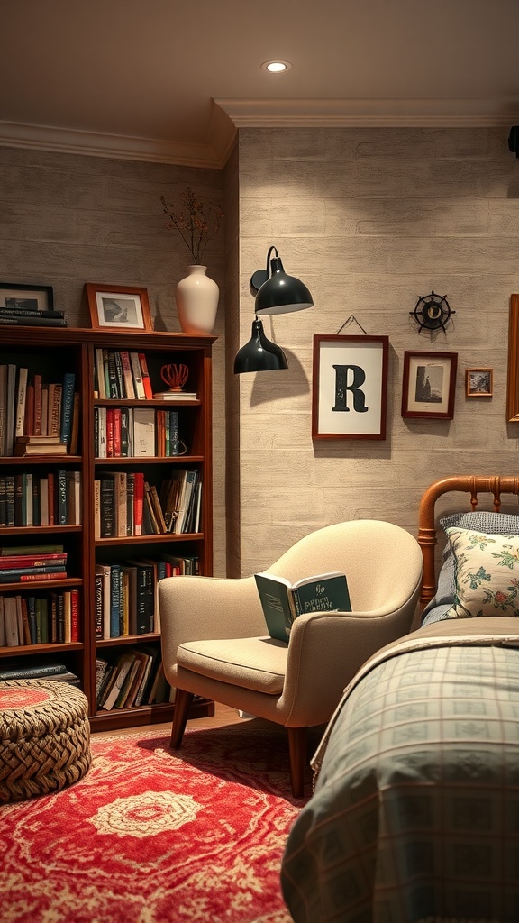 A cozy reading corner in a farmhouse basement bedroom, featuring a comfortable armchair, bookshelves, and warm lighting.