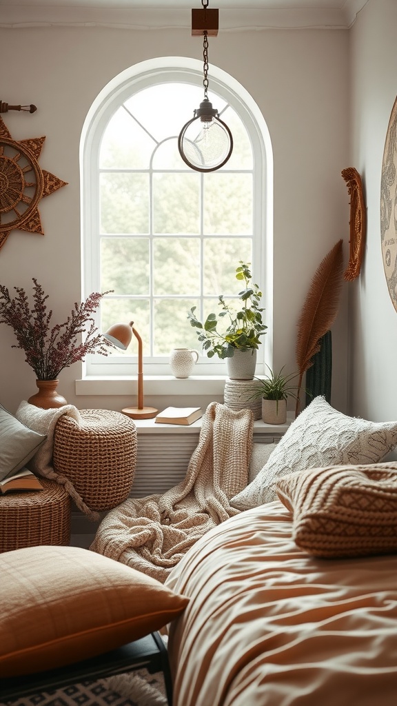 Cozy reading nook in a boho eclectic bedroom with natural light, plants, and soft textures.