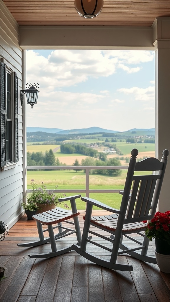 Two gray rocking chairs on a farmhouse patio overlooking a scenic landscape.