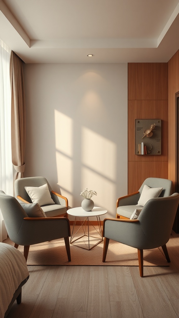 Cozy seating area in a modern farmhouse bedroom with two gray armchairs and a round coffee table.