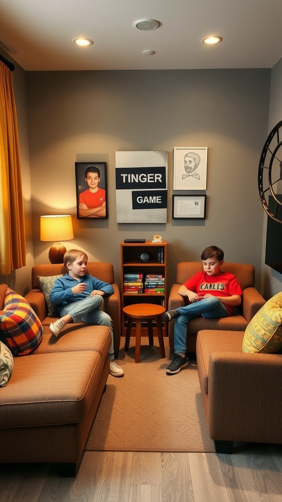 Cozy seating area in a twin boys bedroom featuring two armchairs and a small table, with boys seated and engaged.