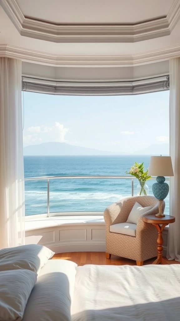 Cozy seating nook with ocean view in a blue tones bedroom