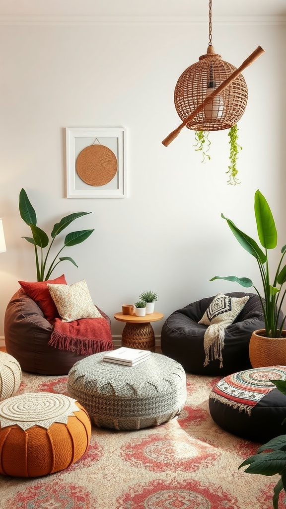 Cozy seating area with bean bags and poufs in a Boho style bedroom