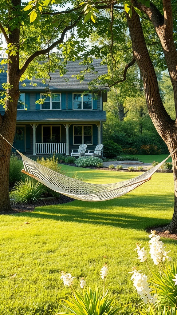 A cozy hammock suspended between two trees in a lush green yard near a farmhouse.