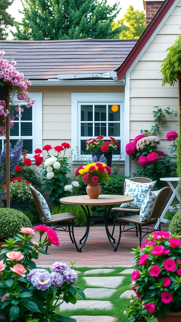 A cozy outdoor seating area with a wooden table and two chairs surrounded by colorful flowers in a farmhouse garden.