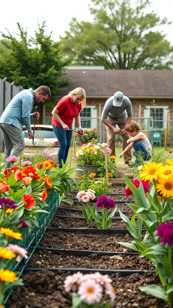A group of people collaborating in a community garden, working on colorful flowers.