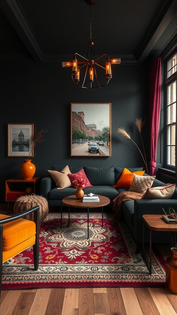 A stylish Dark Boho living room featuring dark walls, colorful pillows, and a vibrant rug.