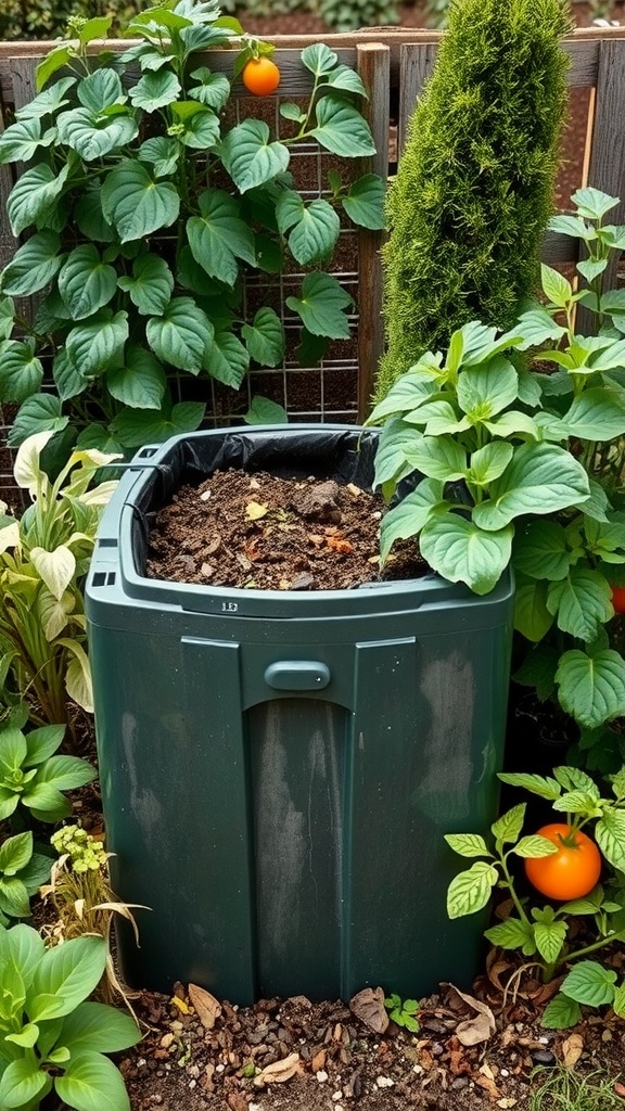 A green compost bin surrounded by plants and vegetables in a farmhouse garden setting
