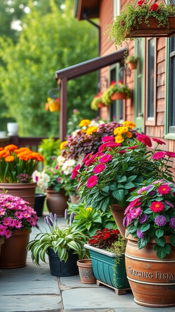 Colorful container gardens on a patio with various blooming flowers.