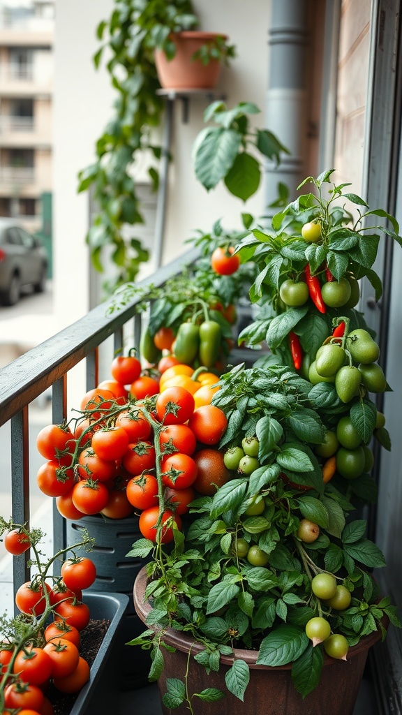 A balcony container vegetable garden with ripe tomatoes and peppers.