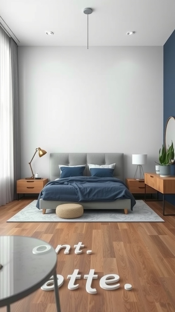 A contemporary blue and gray bedroom featuring a navy accent wall, a cozy bed with blue linens, and warm wooden elements.